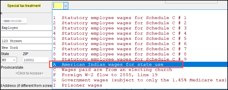 Image of special tax treatment codes on screen W2